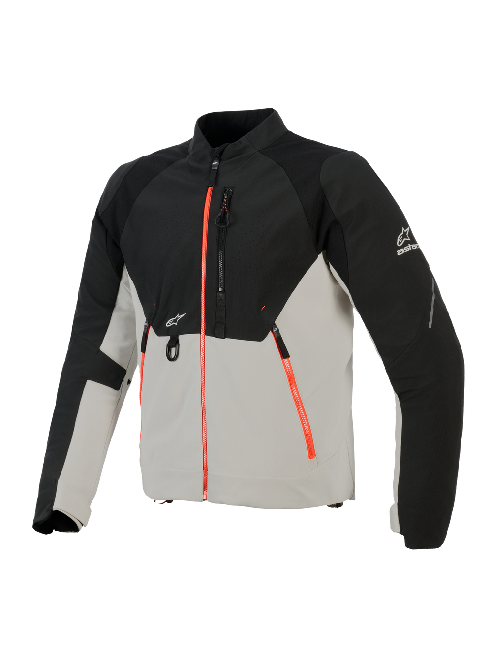 Alpinestars Provoke Jacket, Urban Motorcycle Jacket, Black and Metal Gray with fluorescent red zipper accents, featuring laser-perforated chest panels, ripstop softshell reinforcements, and front D-ring attachment, street-ready design for warm-weather riding