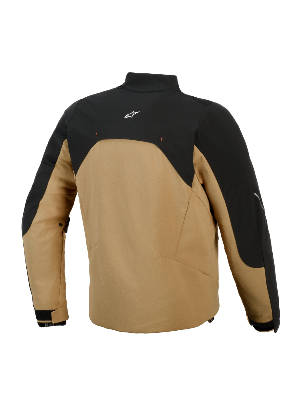 Alpinestars Provoke Jacket, urban motorcycle jacket, Black and Camel, back view featuring black upper panel with white logo, camel-colored softshell body, contemporary silhouette with reflective accents, engineered for urban riders