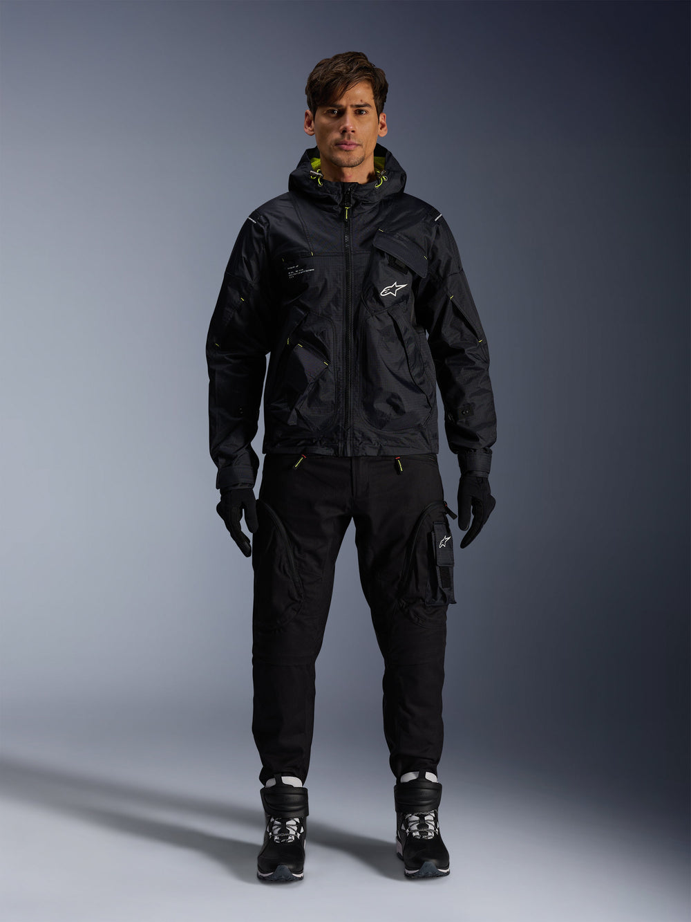 Alpinestars Mogress Air Jacket, Urban Motorcycle Jacket, Man, Black and Lime Punch, Textile, Hooded and Ventilated.