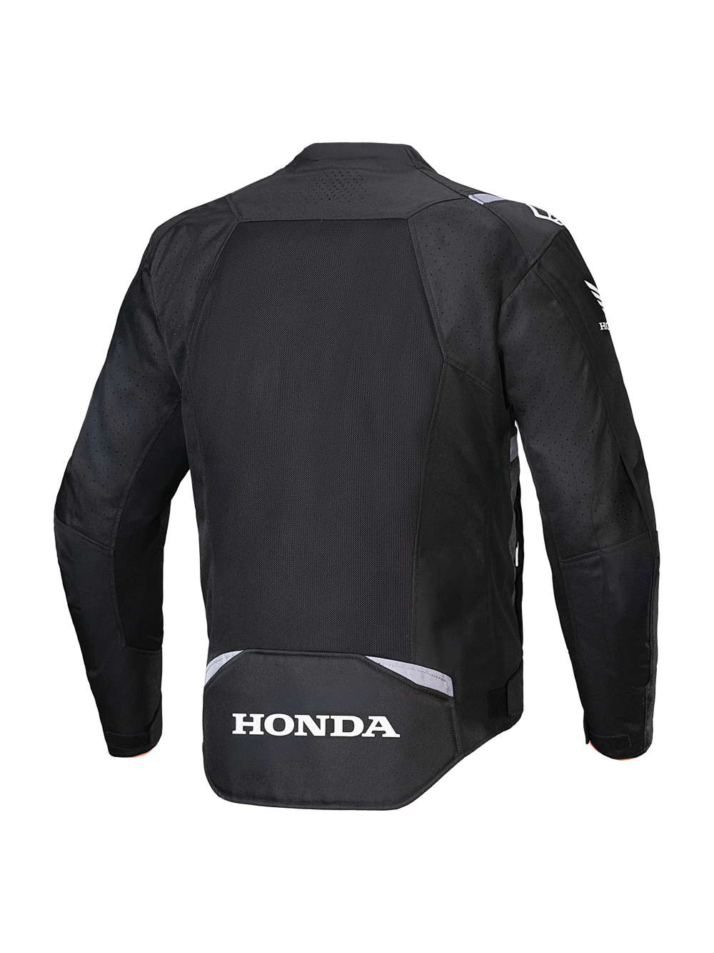 Alpinestars Honda T-SPS Air V2 Jacket, Black, Rear view featuring a large mesh back panel for airflow, white Honda logo on the lower back, and Alpinestars branding on the shoulders, textile motorcycle jacket for summer riding.