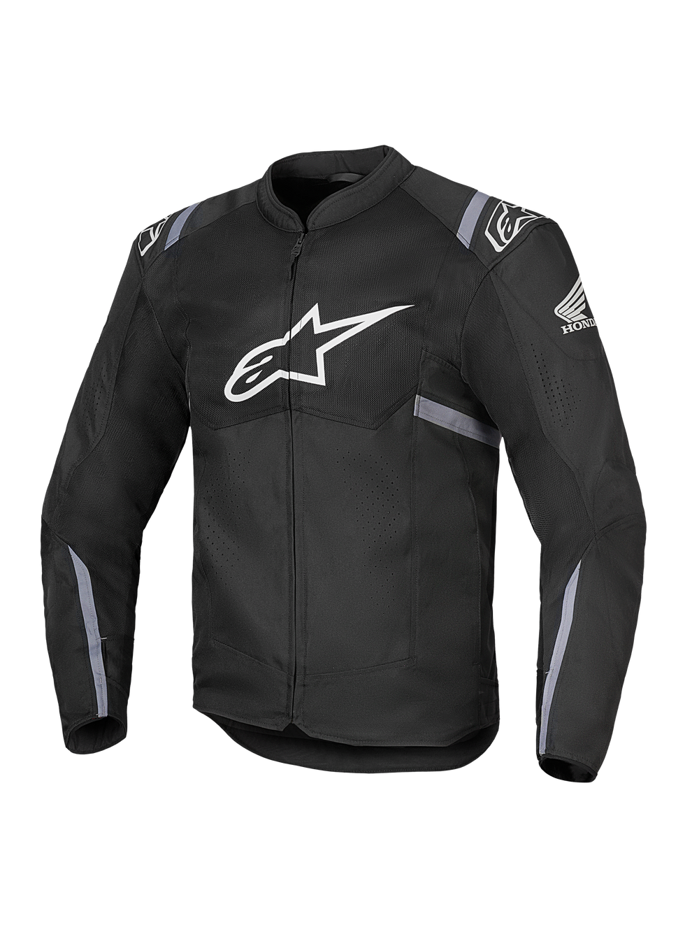 Alpinestars Honda T-SPS Air V2 Jacket, Black textile motorcycle jacket with large white Alpinestars logo on chest and Honda wing logo on sleeve, featuring perforated mesh panels for breathability, gray reflective stripes on sleeves and waist, and front zipper closure.