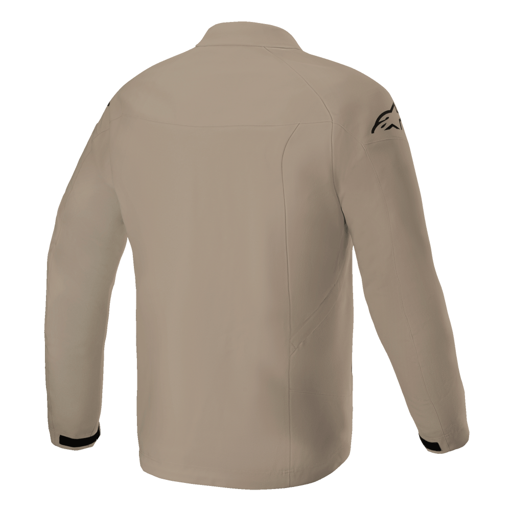 Alpinestars Aeron Jacket, Motorcycle Riding Jacket, Tan, Back view showing a minimalist urban design, breathable textile construction with a black logo on the shoulder and black accents on the cuffs