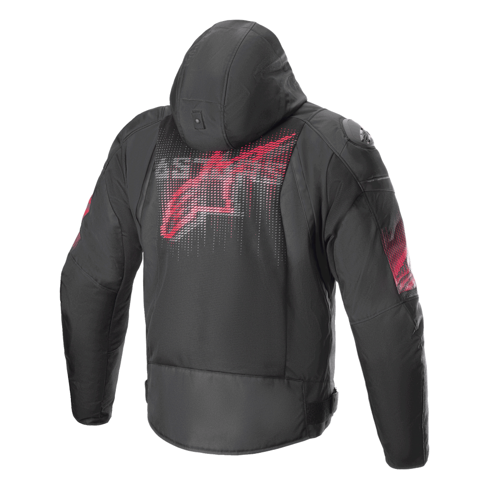 Alpinestars Zaca Air Venom WP Jacket, Black and Bright Red, rear view featuring a large stylized red logo on the back, textile motorcycle jacket with 3D mesh panels, detachable hood, and DFS Lite shoulder sliders, sport riding apparel.
