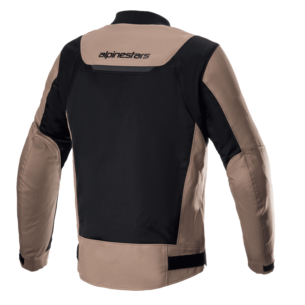 Alpinestars Luc V2 Air Jacket, Textile Motorcycle Jacket, Gobi Brown and Black, back view featuring a large black mesh panel for ventilation, brown sleeves and shoulders, Alpinestars wordmark on the upper back, and an elongated rear profile.