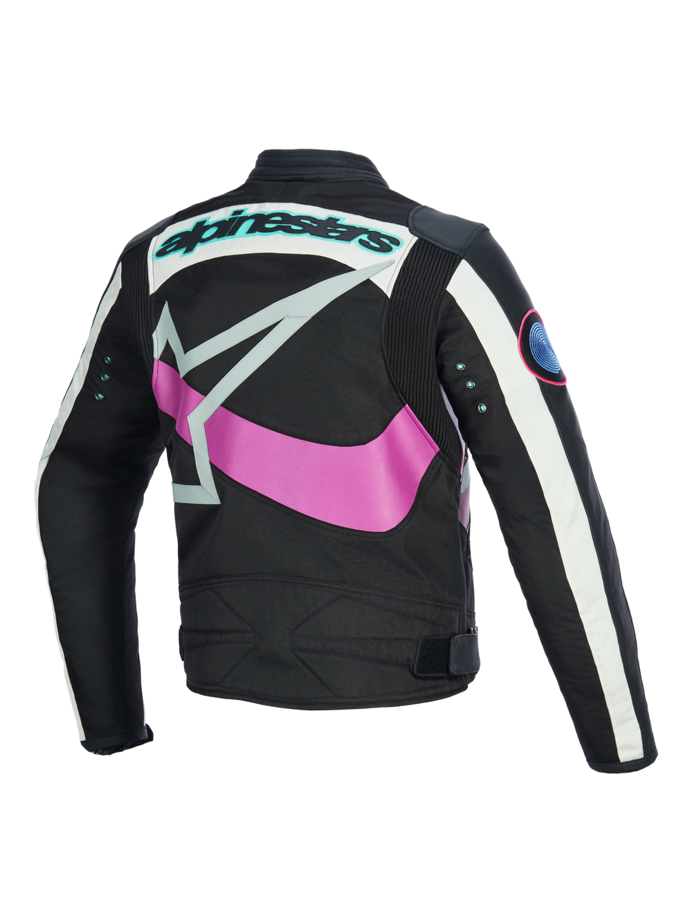 Alpinestars Idles Women's Jacket back view, Black with Off White and Purple, featuring a large pink wrap-around star logo, teal wordmark and metal eyelets on sleeves, vintage-inspired design with accordion panels for urban motorcycle riding