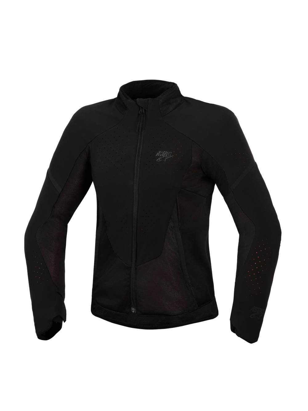Alpinestars Stella Aeroshell Airflow Jacket, Women's Motorcycle Jacket, Black Anthracite, front view, lightweight textile with laser-perforated ventilation and mesh panels, subtle chest logo, ergonomic sport-cut design