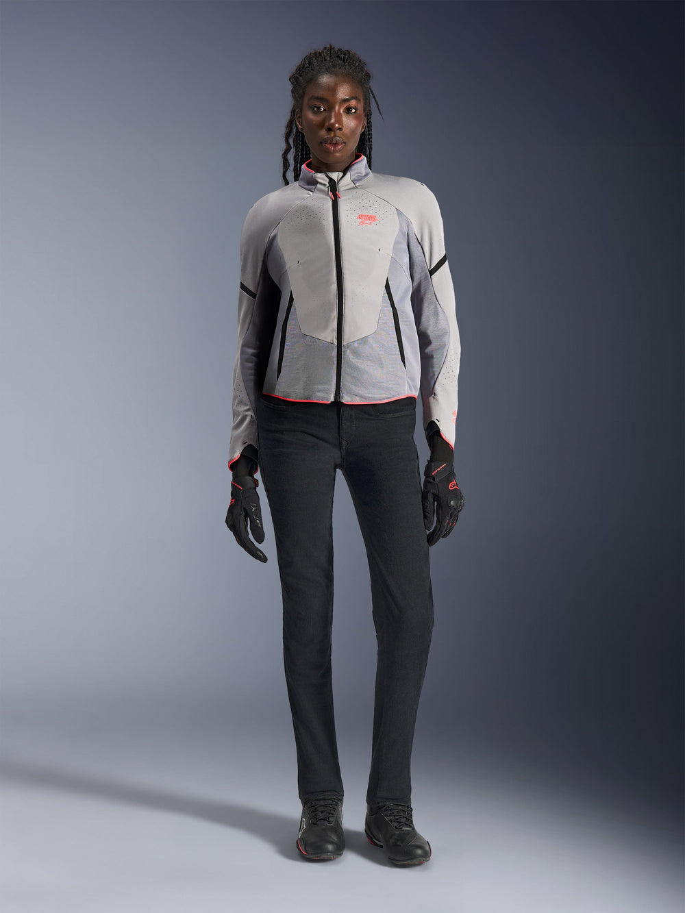 Alpinestars Women Stella Aeroshell Airflow Jacket, Mid Gray and Anthracite softshell motorcycle jacket with pink accents.