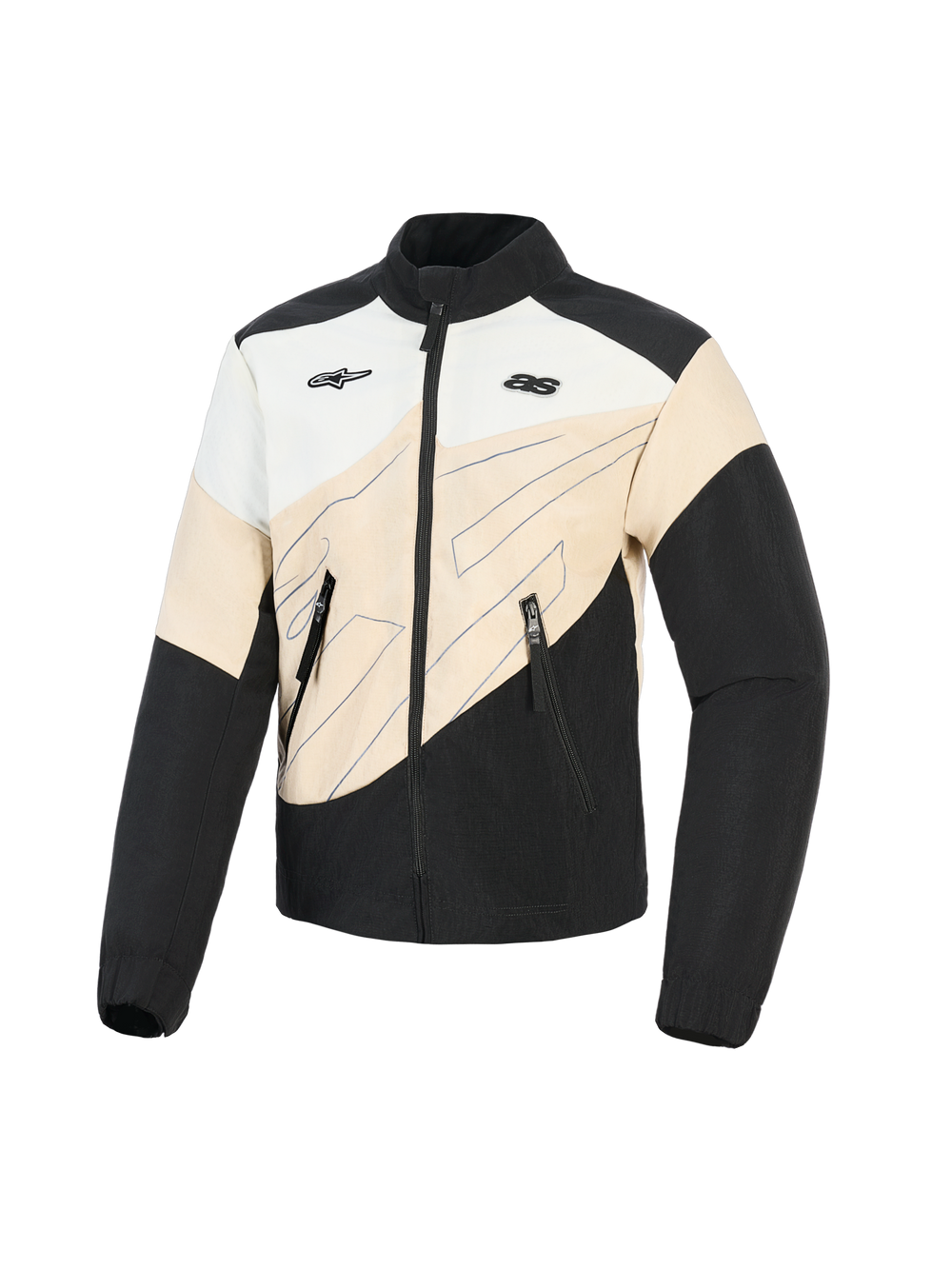Alpinestars Stella Moshell Jacket, Women's Urban Motorcycle Jacket, Black Sand and Off White, asymmetrical color-block design with blue line graphics, front zip closure and dual chest logos, streetwear-inspired protective riding gear