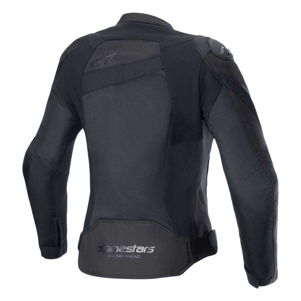 Alpinestars Stella T-GP Plus R V4 Airflow Jacket, Black, back view featuring large mesh panels for maximum airflow, 'Alpinestars Racing Ahead' branding on lower back, women's sport textile motorcycle jacket