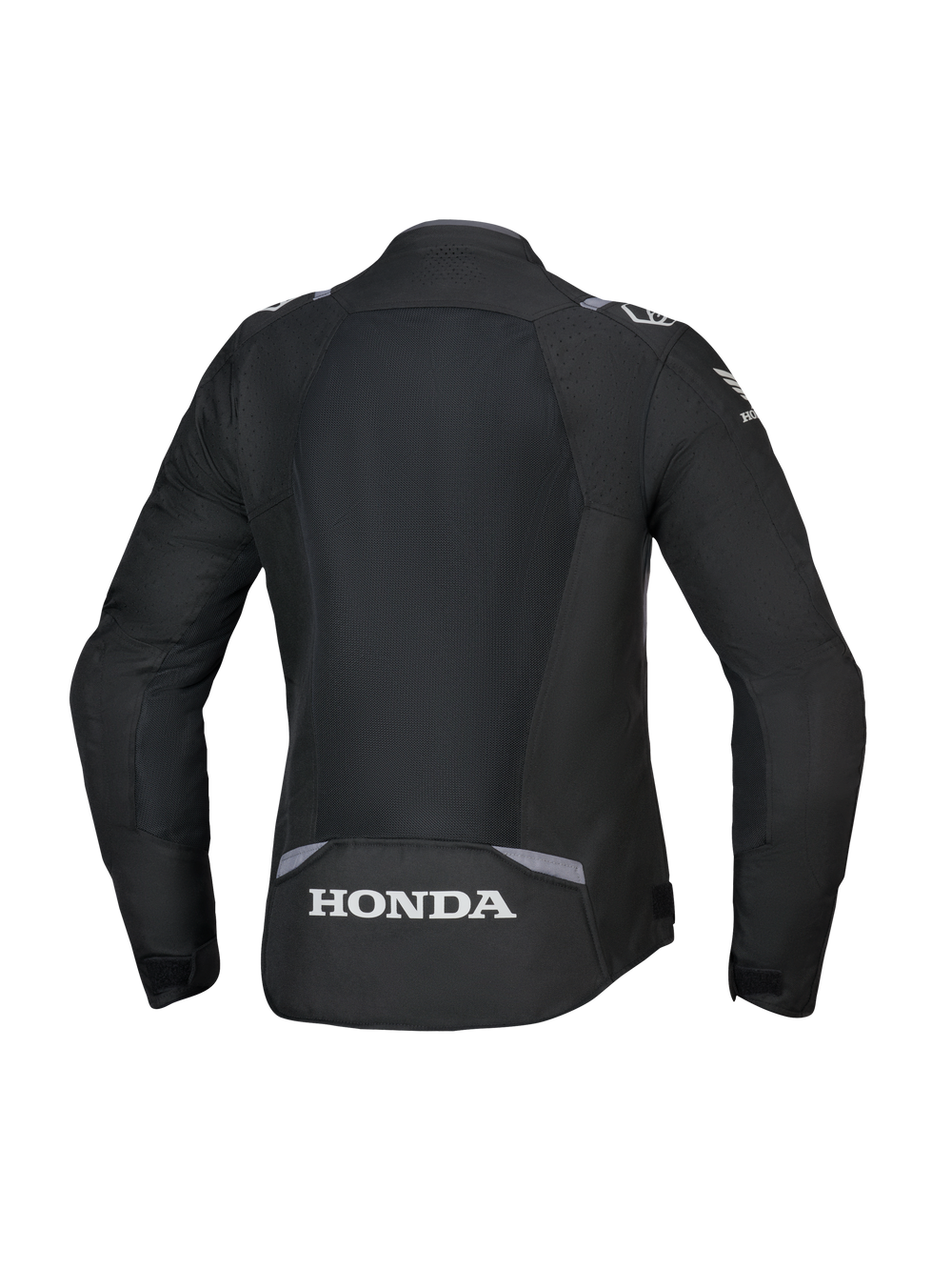 Alpinestars Honda Woman Stella T-SPS Air V2 Jacket, Rear View, Black with Dark Gray and Ice Gray accents, featuring a large tech mesh back panel and white Honda logo on the lower back, performance-orientated women's specific fit.