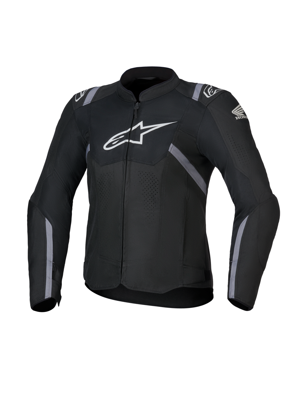 Honda Woman Stella T-SPS Air V2 Jacket, Women's Textile Motorcycle Jacket, Black with white Alpinestars and Honda logos, gray stripe accents, perforated mesh panels for airflow, sport riding fit