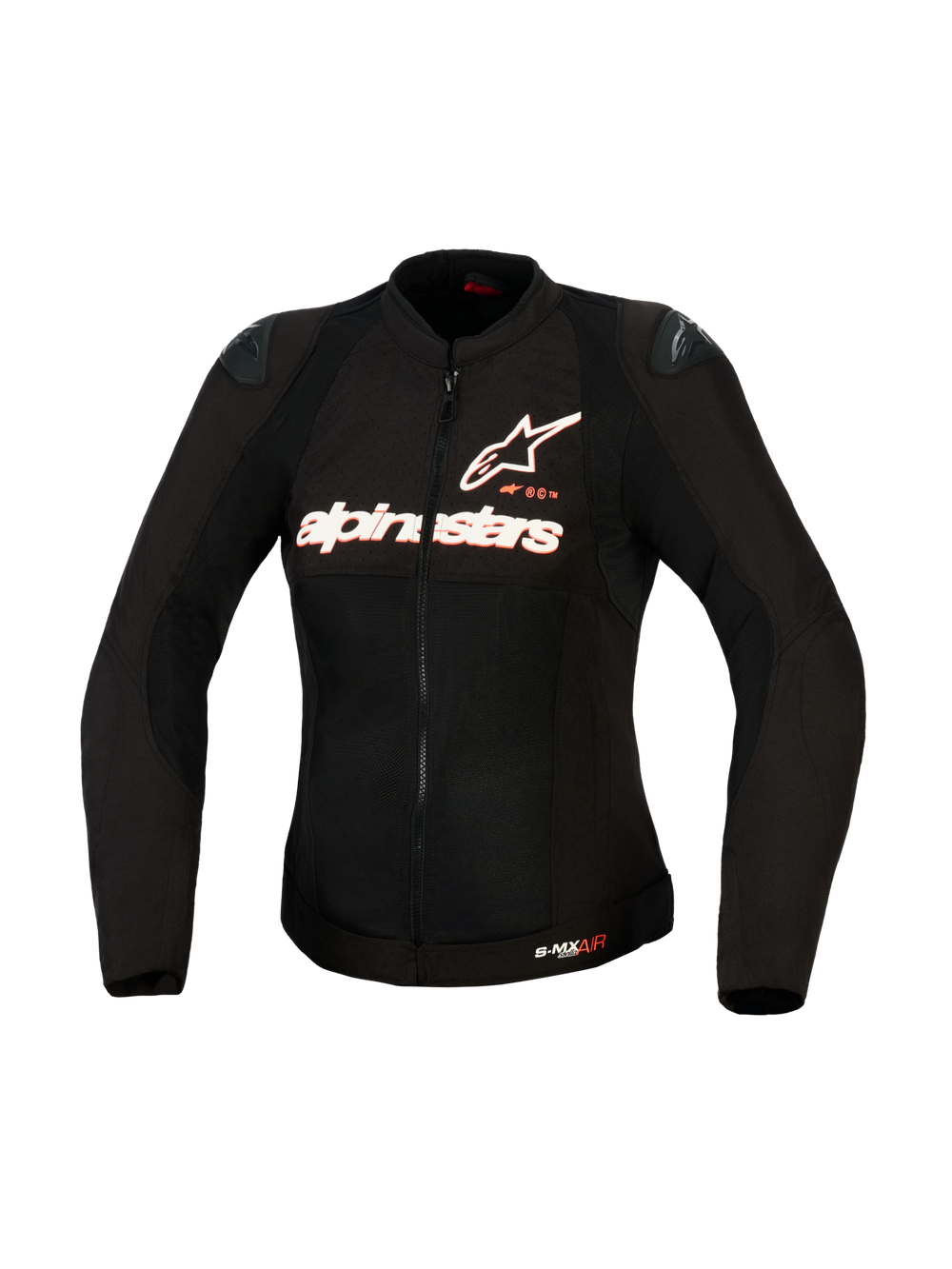 Alpinestars Woman Stella SMX Air Jacket, Textile Motorcycle Jacket, Black with White and Red Fluo branding, front view showing high-flow mesh construction, Alpinestars chest logo, and DFS Lite shoulder sliders, tailored for female riders.