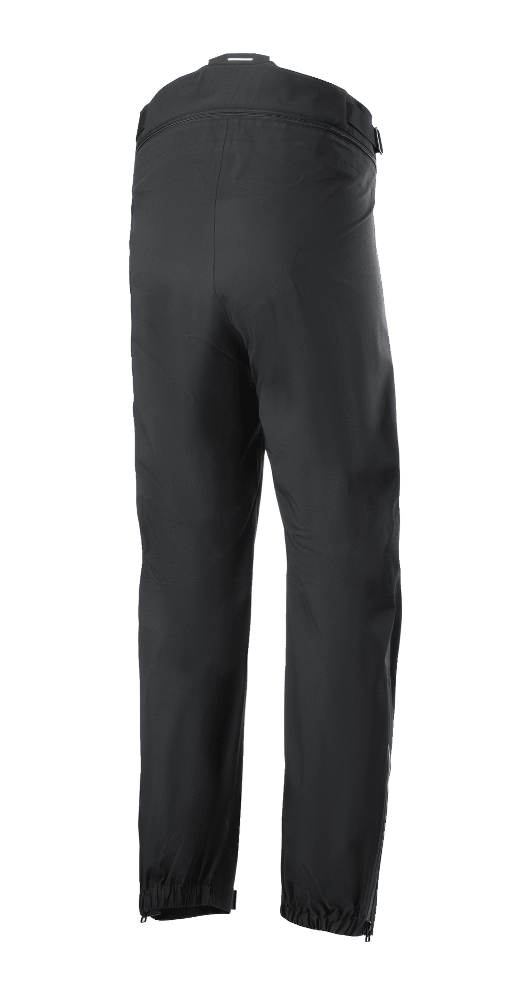 Alpinestars AMT Storm Gear Drystar® XF Pant, Black Motorcycle Overtrousers, rear view featuring a full circumference zippered waist connector, elasticated hems, and zippered leg openings for wet weather riding.