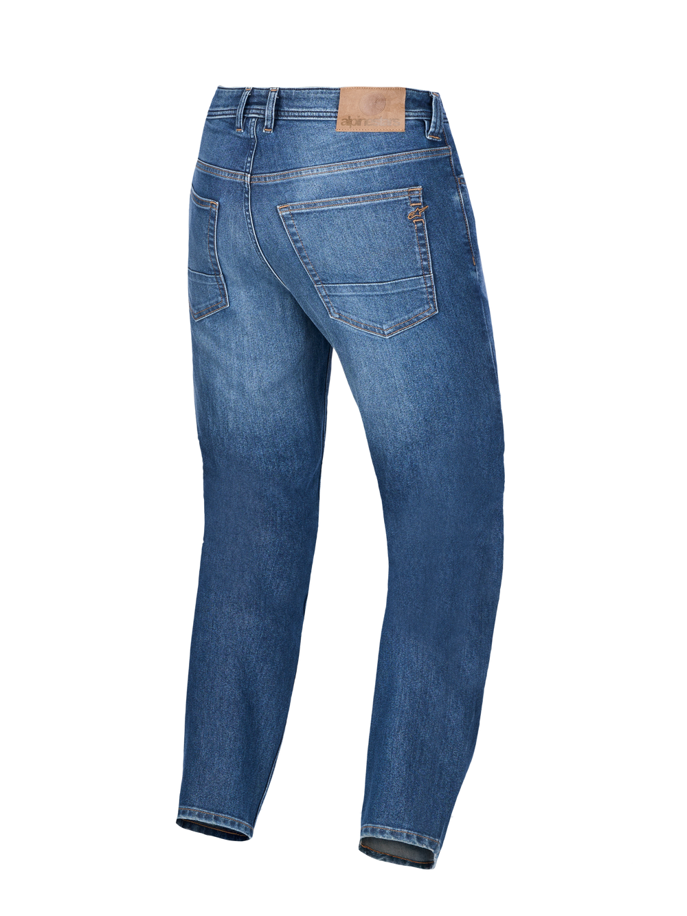 Alpinestars Flex-AST 8 Denim Pants, Medium Blue motorcycle riding jeans, back view featuring leather back patch and embroidered Astar pocket detail