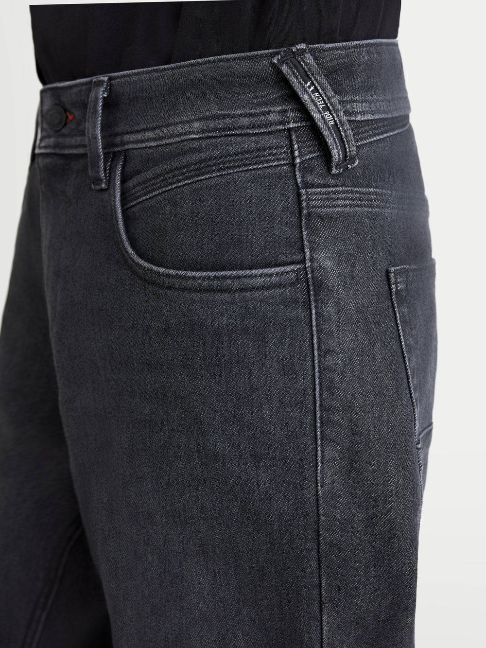 Alpinestars Flex-AST 7 Denim Pants Short, urban motorcycle riding jeans, faded black, close-up view of the front pocket, belt loops, and technical single-layer construction
