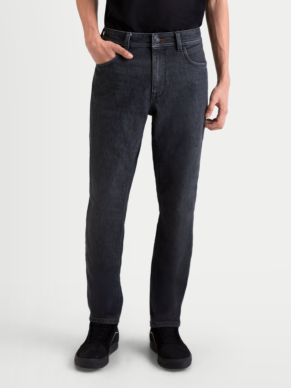 Alpinestars Flex-AST 7 Denim Pants Short, men's urban motorcycle denim pants in faded black, front view on a model showing single-layer technical denim construction and regular tapered fit