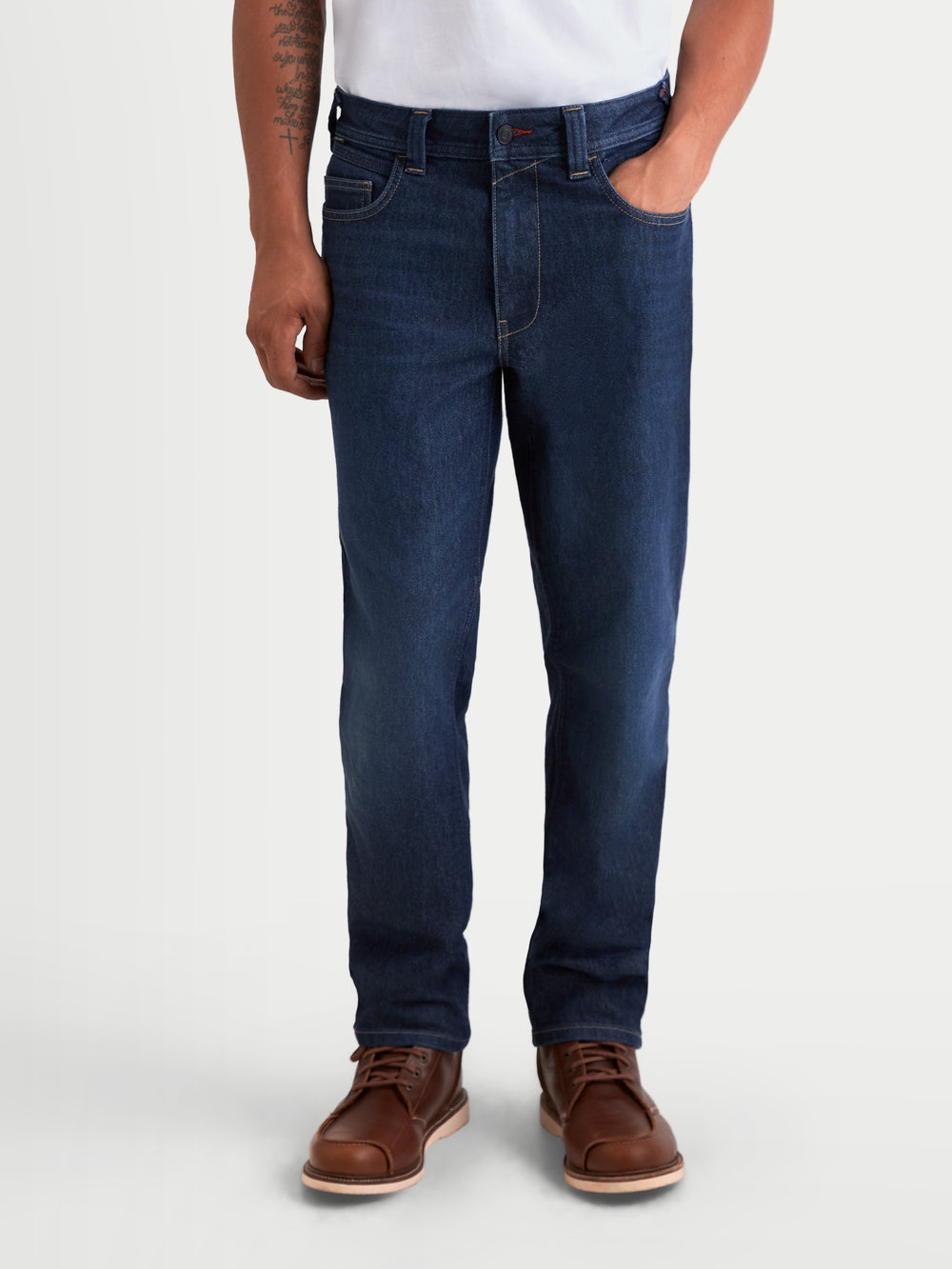Alpinestars Flex-AST 7 Denim Pants Short, men's urban motorcycle riding jeans in dark blue, front view worn by a model showcasing single-layer technical denim and casual styling