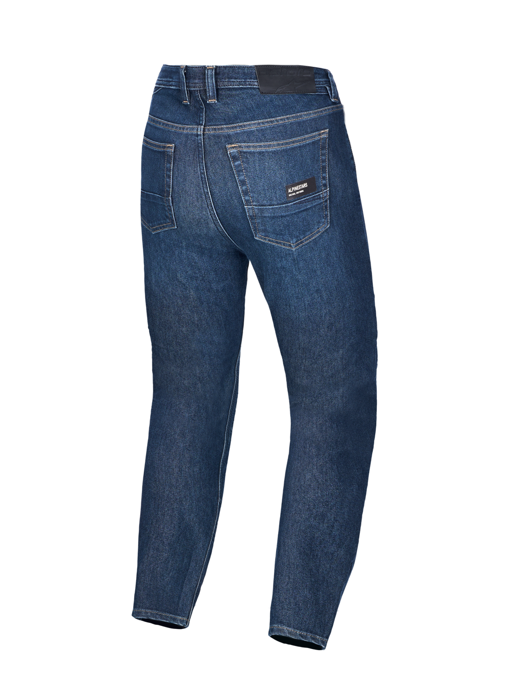 Alpinestars Flex-AST 7 Denim Pants AND Flex-AST 7 Denim Pants Short, Motorcycle Riding Denim, Dark Blue, featuring a back pocket logo patch, regular tapered fit, and CE certified single-layer construction, rear view
