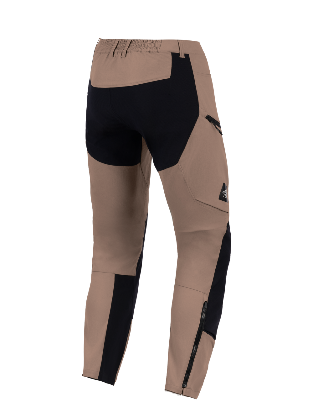 Alpinestars Flex-AST Explorer Pants, Walnut Black, back view, adventure motorcycle pants featuring reinforced black panels on the seat and lower legs, zippered cargo pocket, and long lower-leg zippers for boot compatibility.