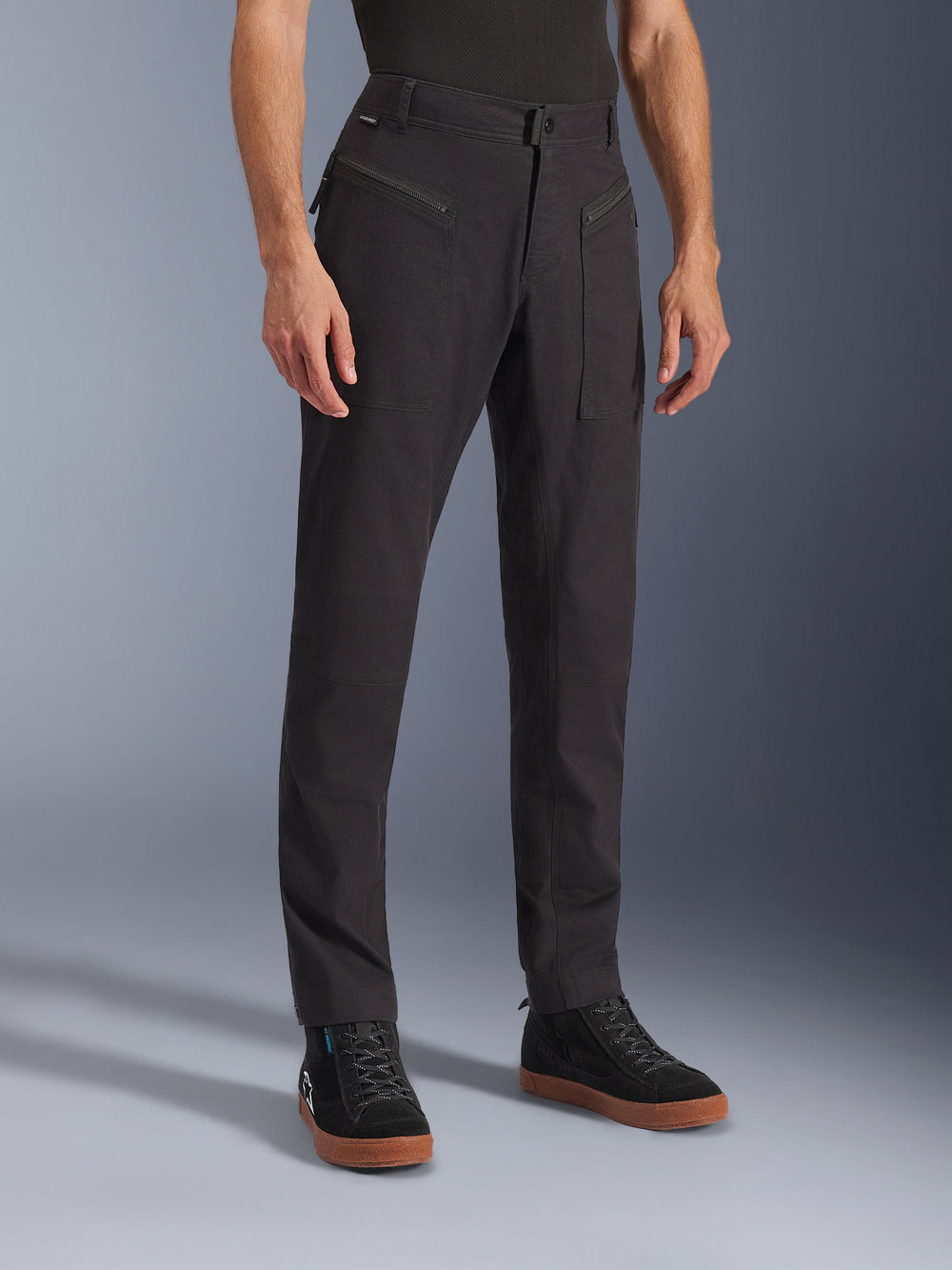 Alpinestars Flex-AST Canvas Pants, black urban motorcycle pants for men on model, featuring stretch polycotton twill.