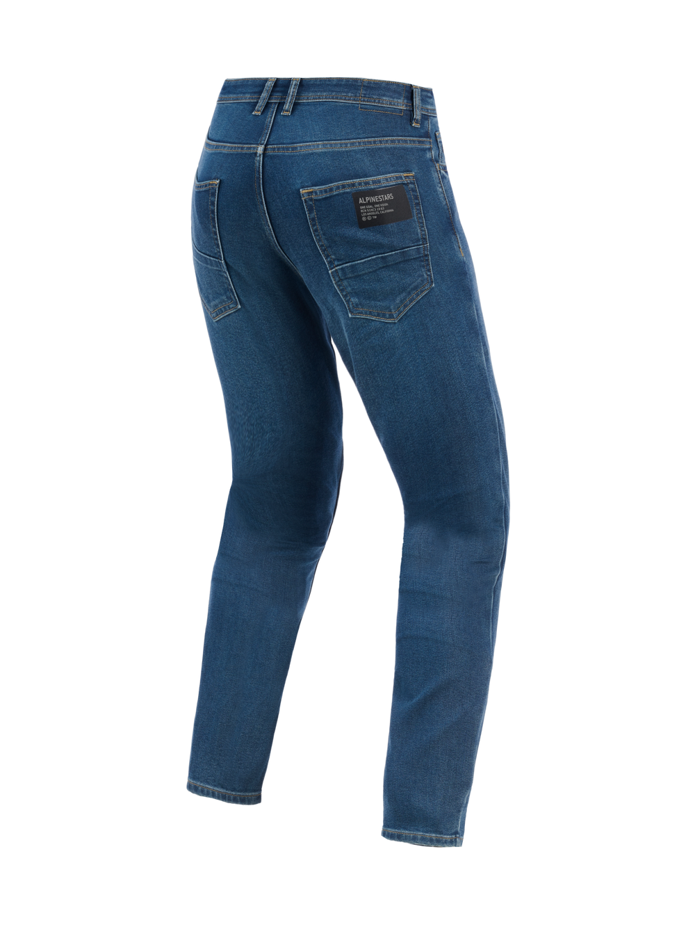 Alpinestars Flex-AST 5 Denim Pants, Urban Motorcycle Pants, Indigo Washed blue, rear view showing tapered fit and back pockets with black Alpinestars branding patch
