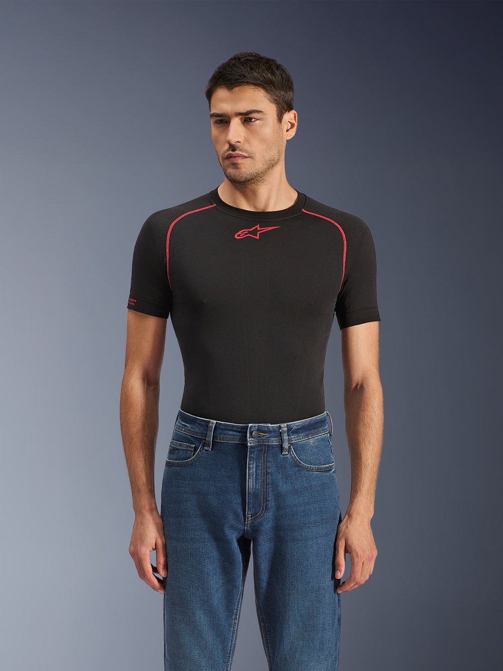 Alpinestars Flex-AST 5 Denim Pants, Indigo Washed, urban motorcycle jeans worn by a model with a black technical base layer, classic five-pocket styling with a modern tapered fit