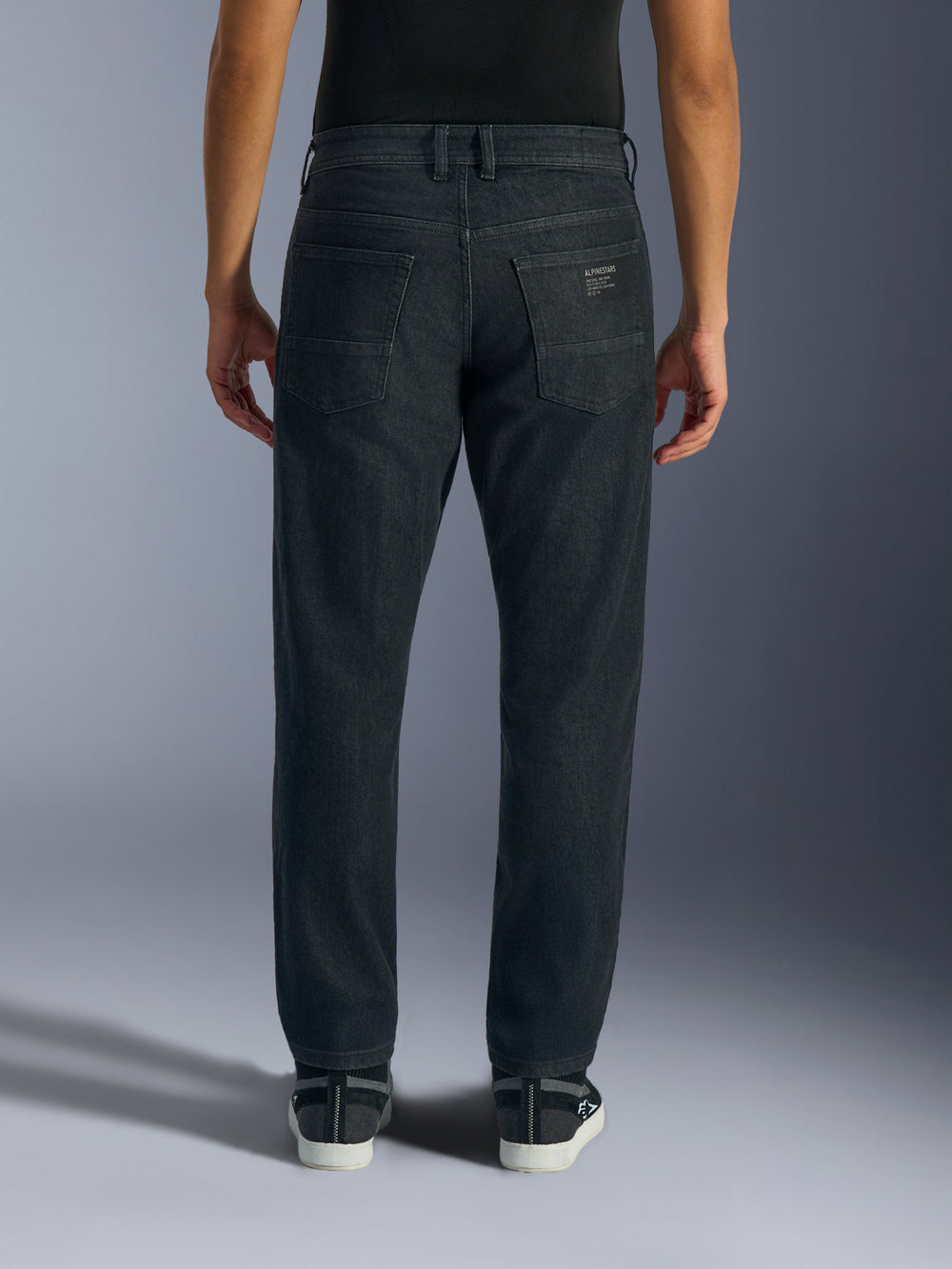Alpinestars Flex-AST 5 Denim Pants, Men's Urban Motorcycle Jeans, Black Washed, rear view on model showing back pockets, subtle branding, and regular tapered fit.