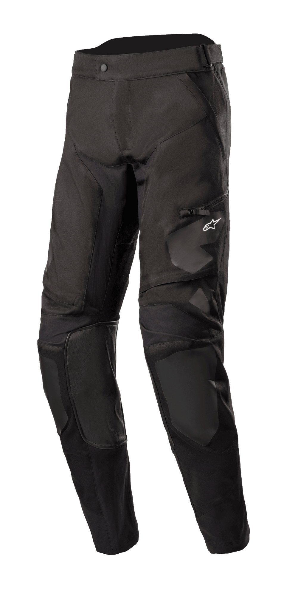 Alpinestars Venture XT Pants In Boot, Black Motorcycle Adventure Touring Pants, featuring reinforced knee panels and a zippered thigh pocket with a small white logo, water-resistant textile construction with ventilation ports, designed for dual-sport and off-road riding