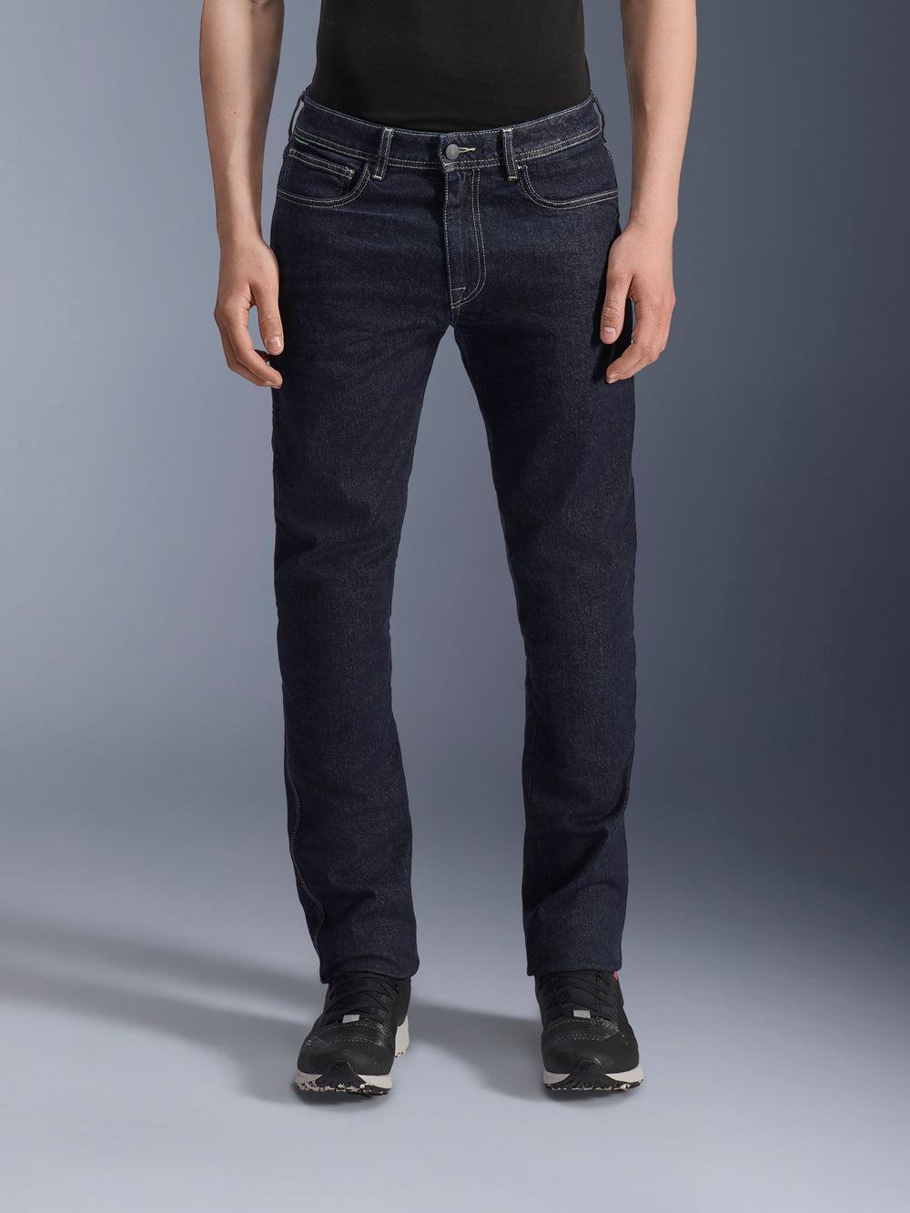 Alpinestars Copper V3 Denim Pants, Men's Urban Motorcycle Riding Jeans, Rinse Blue, stretch cotton denim construction with regular fit and straight leg cut, front view on model.