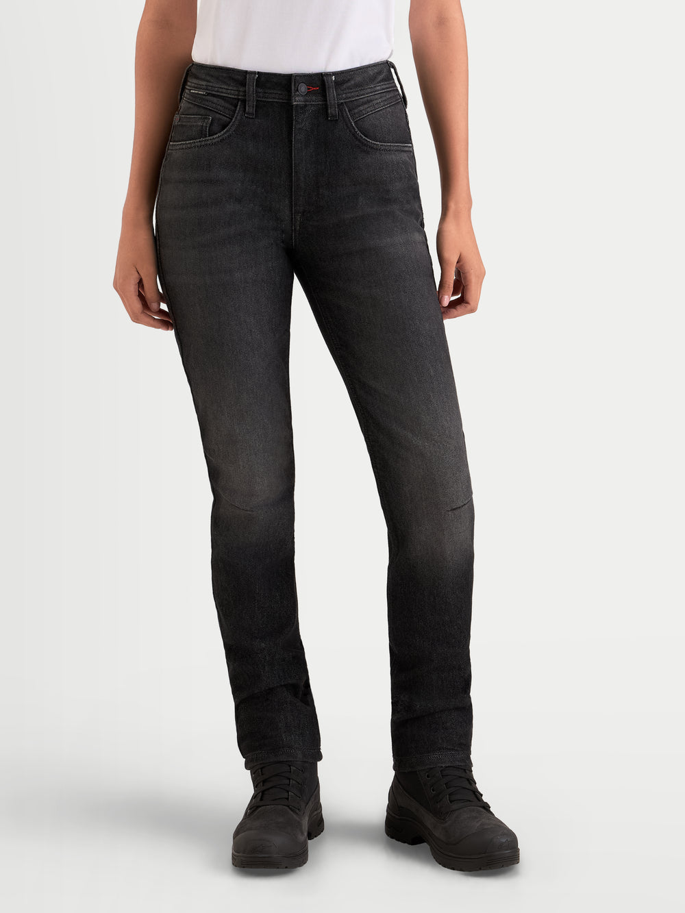 Alpinestars Stella Flex-AST 7 Denim Pants, women's urban motorcycle denim pants worn by a model, faded black, featuring AA-rated single-layer technical denim construction and COOLMAX comfort
