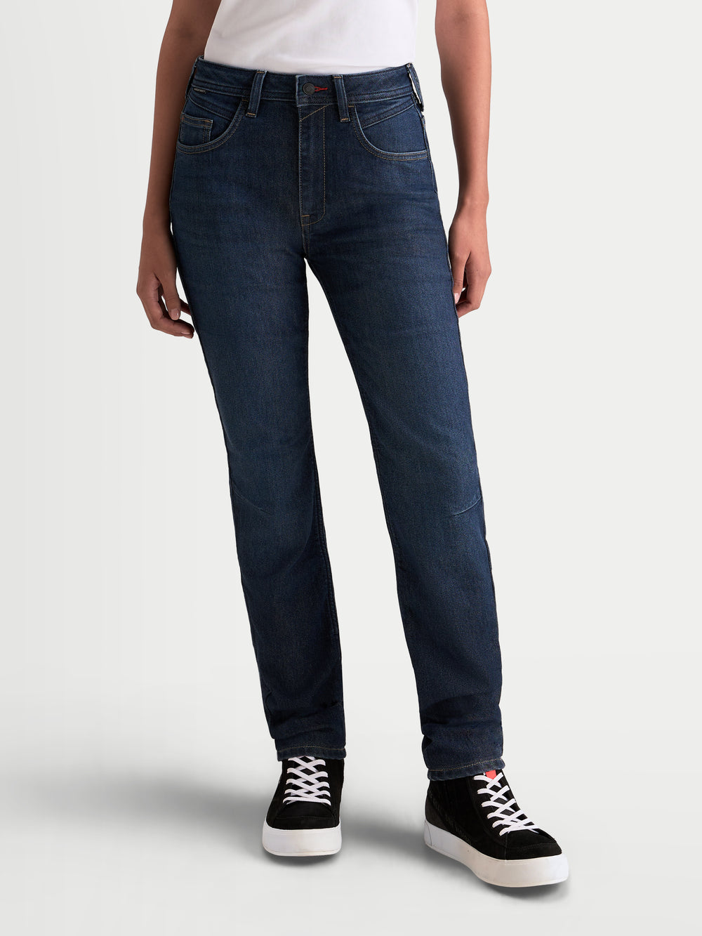 Alpinestars Stella Flex-AST 7 Denim Pants, women's motorcycle riding jeans in dark blue, front view on a model wearing casual sneakers and a white t-shirt, AA rated single layer technical denim with low profile protection