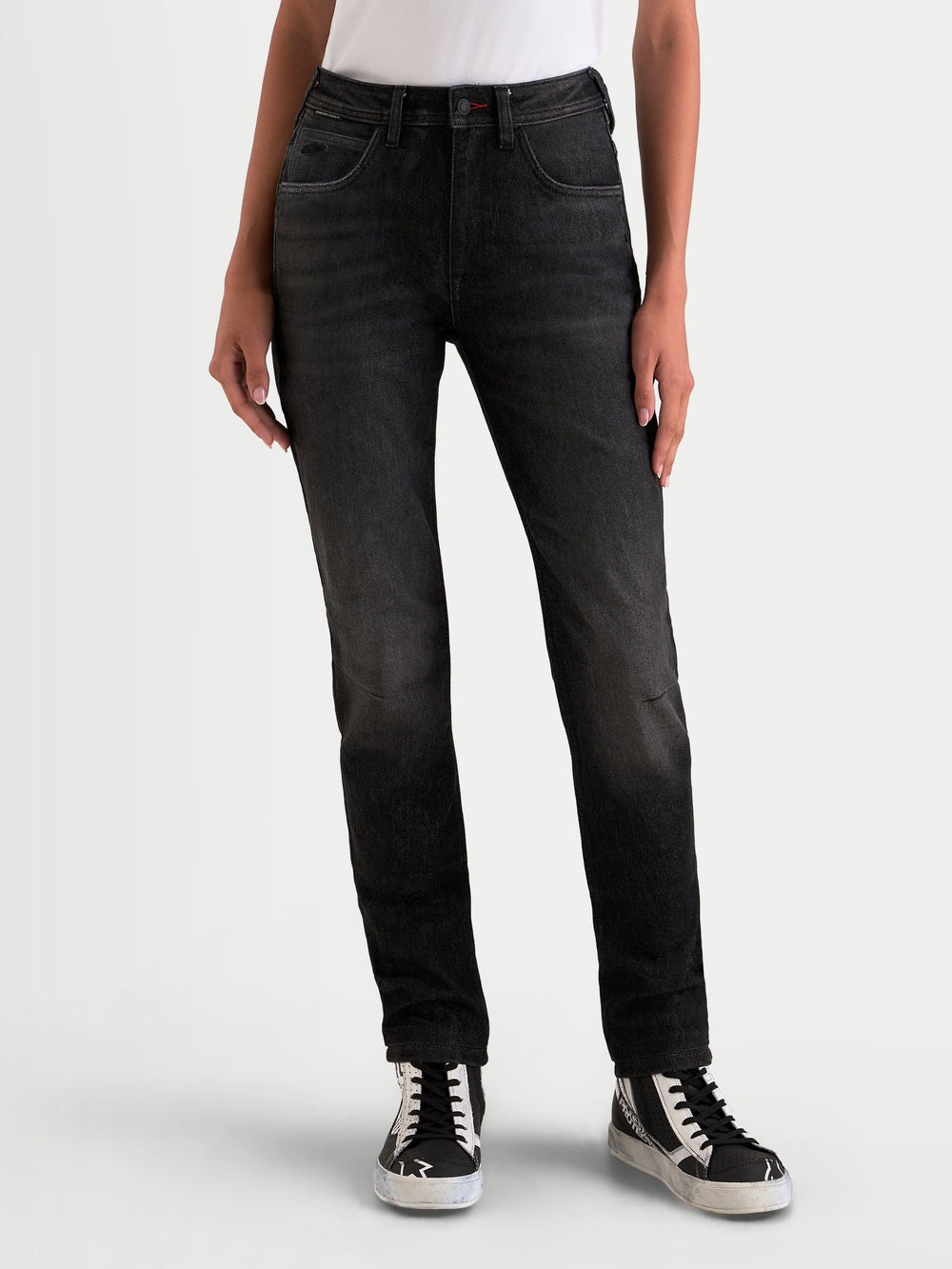 Alpinestars Stella Flex-AST 5 Denim Pants, women's urban motorcycle denim pants in black washed, featuring single-layer stretch construction and CE A rating worn by a model.