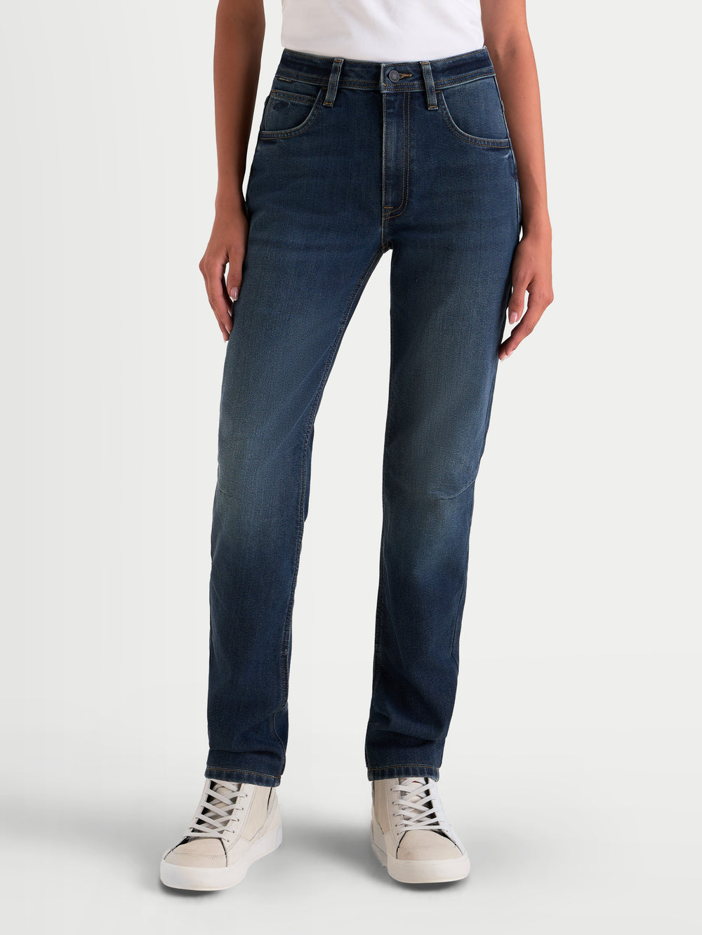 Alpinestars Stella Flex-AST 5 Denim Pants, women's urban motorcycle riding jeans in indigo washed, front view on a model wearing single-layer stretch tech denim with CE protection