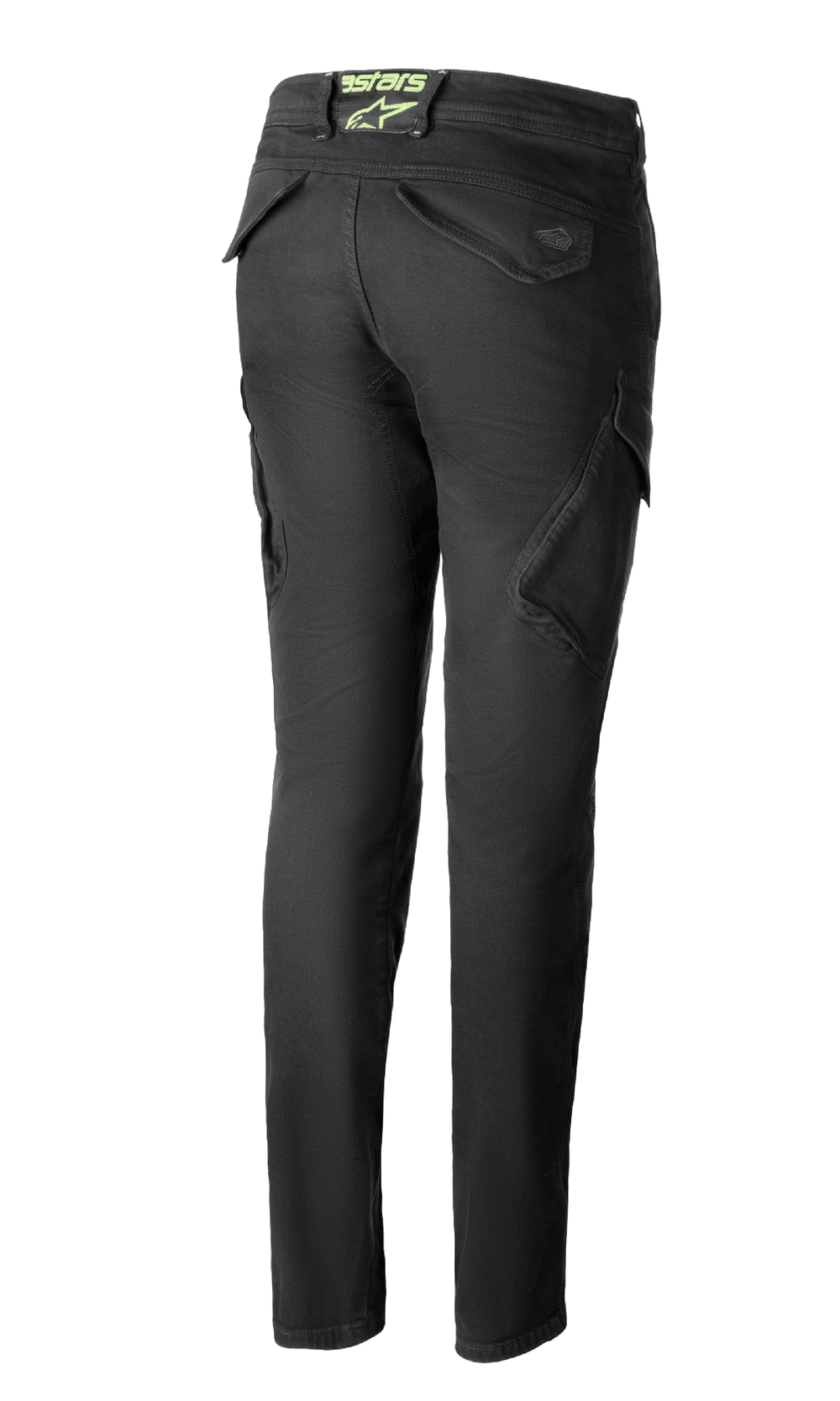 Alpinestars Caliber Women's Tech Riding Denim in Anthracite, rear view, slim fit combat-style pants with functional cargo pockets and a lime green astars logo on the back waist.