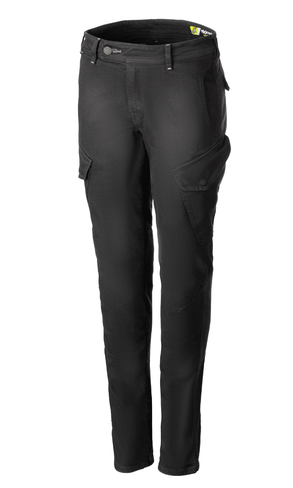 Alpinestars Caliber Women's Tech Riding Denim, Anthracite gray motorcycle cargo pants, slim-fit silhouette with angled side flap pockets, belt loops and button-zip closure, durable stretch Cordura denim, urban protective riding gear.