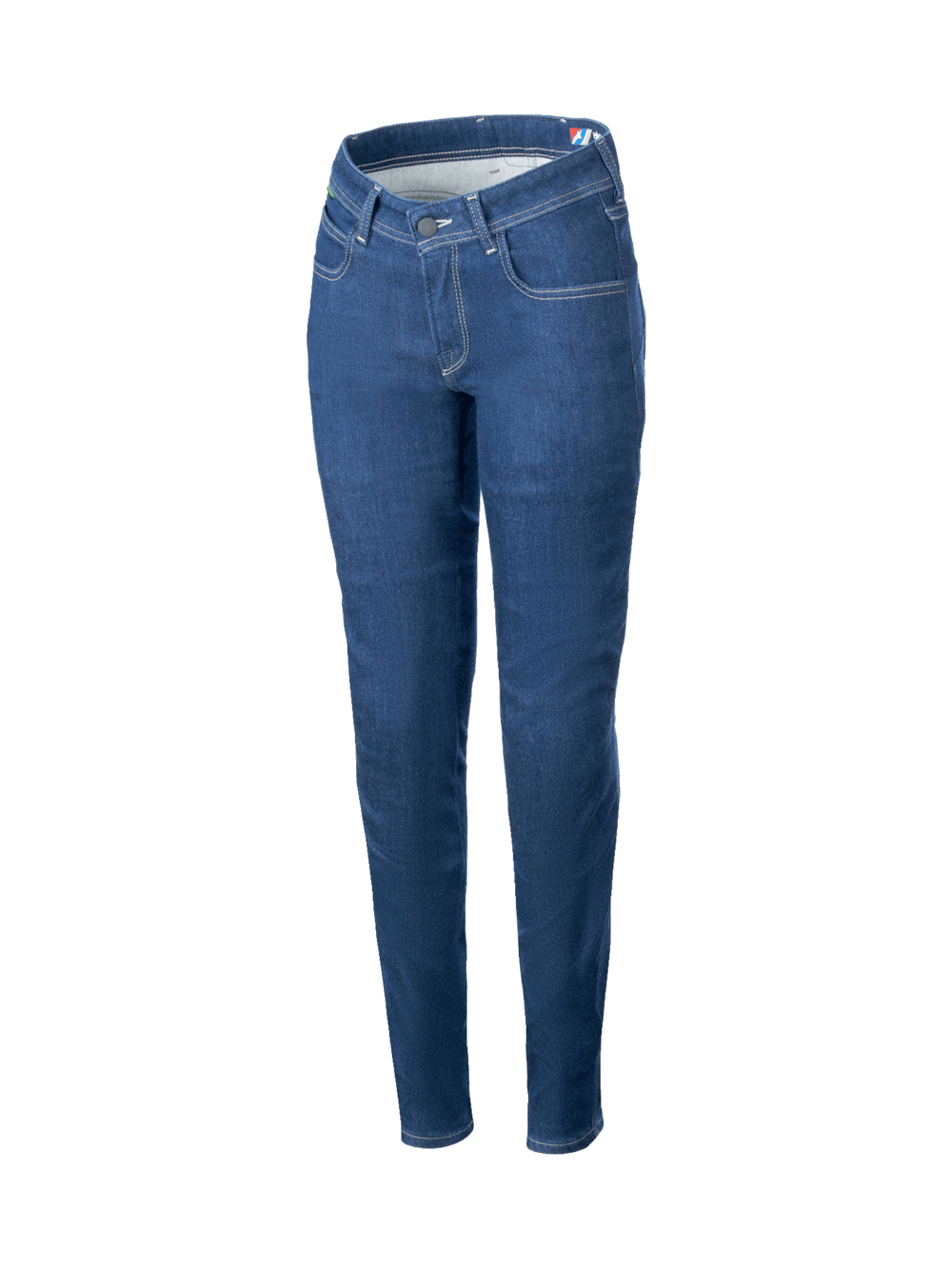 Alpinestars Daisy V3 Women's Riding Denim, slim fit blue urban motorcycle pants with stretch cotton and CE certified armor.