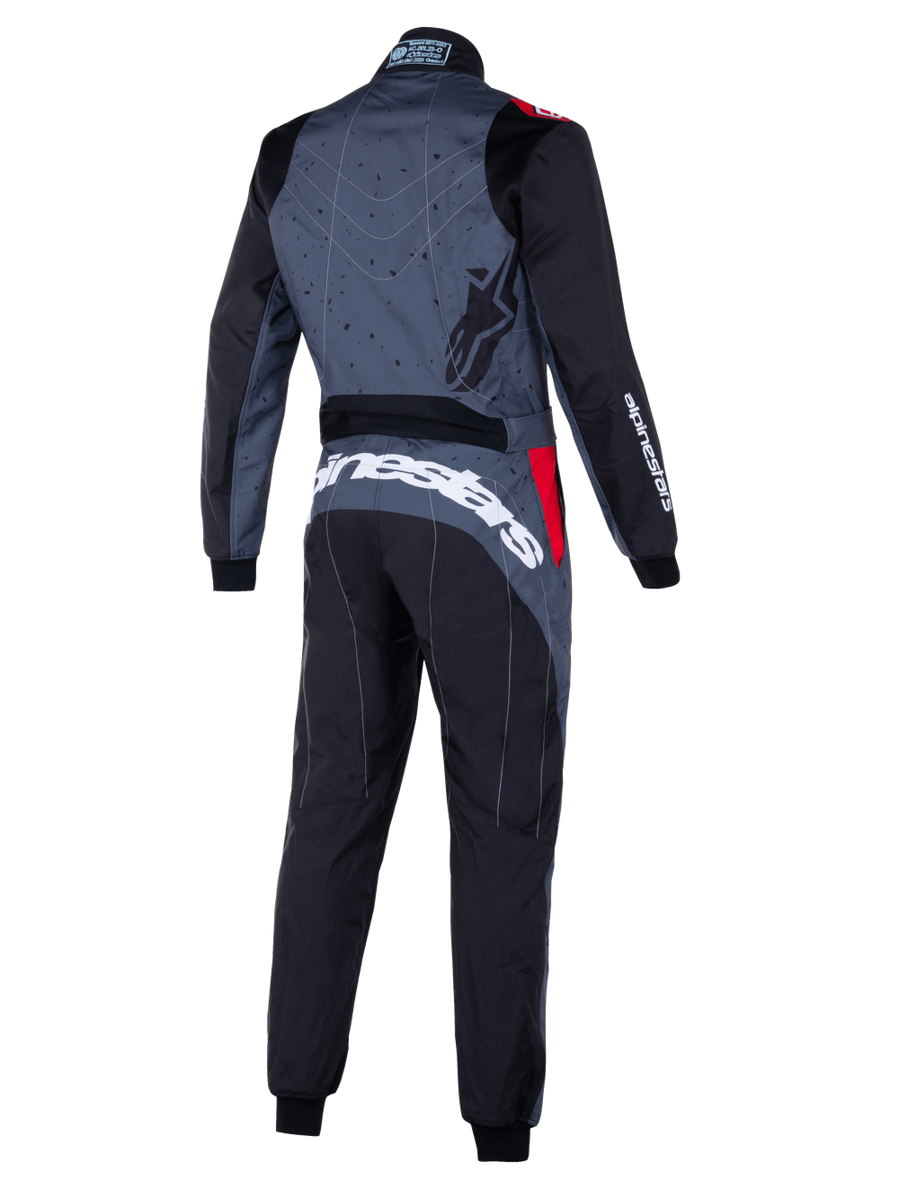 Alpinestars KMX-9 V3 Graphic 6 Suit, Gray and Black Karting Suit with Red accents, rear view featuring graphic patterned back, bold white Alpinestars branding across the lower back, and ergonomic panels for motorsport performance.
