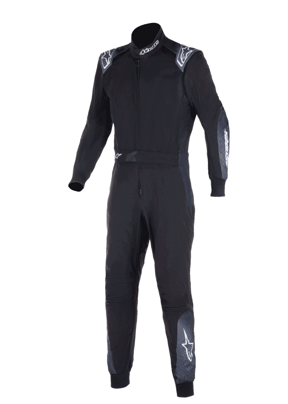 Alpinestars KMX-5 V3 Suit, Karting Suit, Black and Dark Shadow, one-piece racing suit with white Alpinestars branding on the shoulders, neck, and legs, technical dual-layer construction for professional karting.