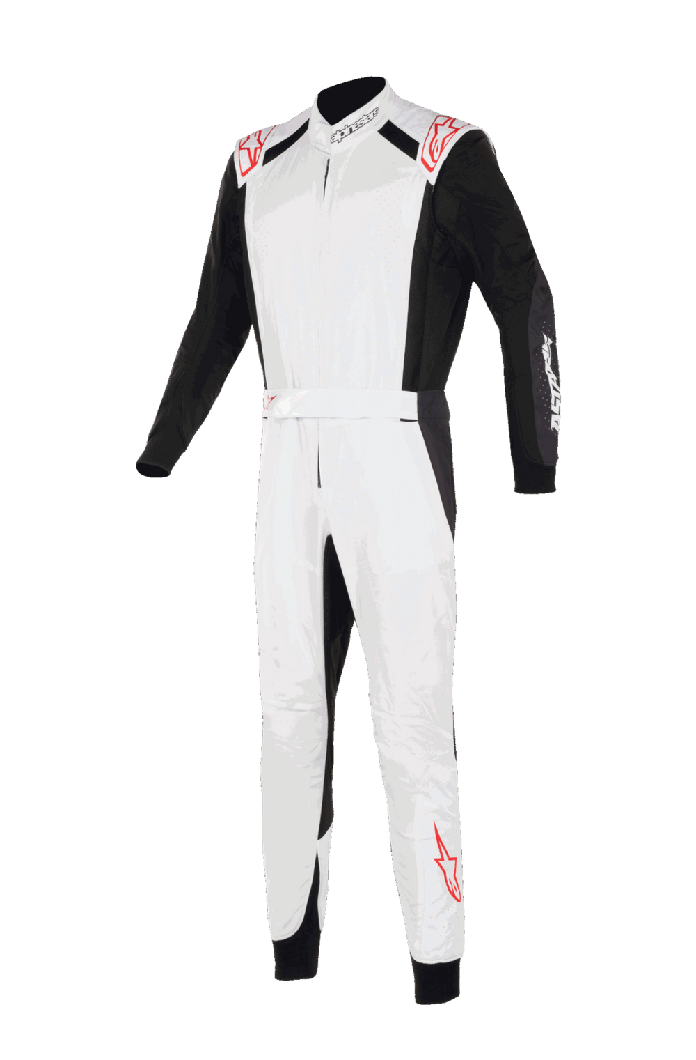 Alpinestars KMX-5 V3 Suit, Karting Suit, White Black and Bright Red, front view, featuring white chest and legs with black sleeves and side panels, red star logos on shoulders and lower leg, professional racing design for karting.