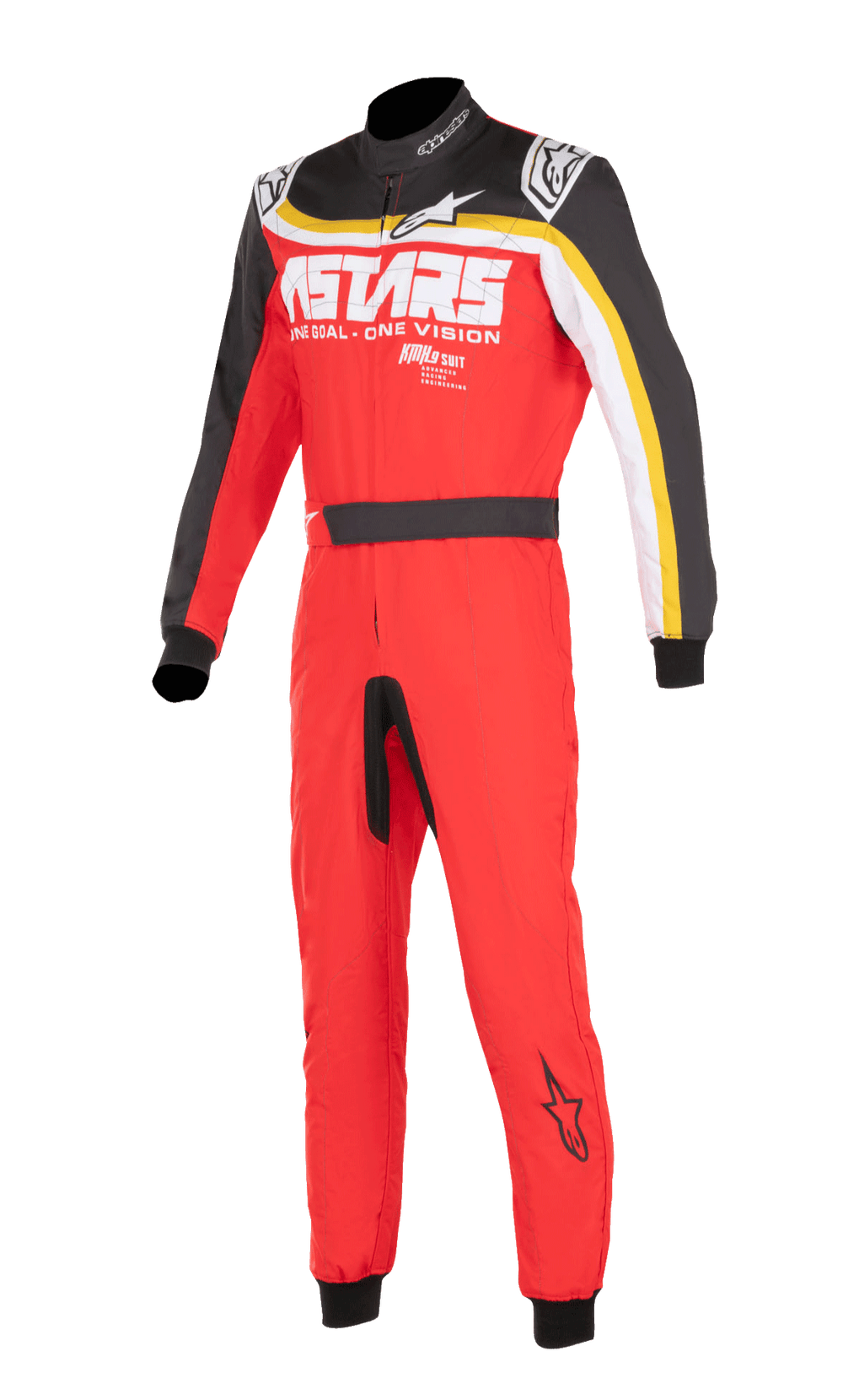 Alpinestars KMX-9 V3 Graphic 2 Suit, Karting Racing Suit, Red Black and White, high collar with front zipper, black shoulders and sleeves with yellow and white stripes, smooth fitted material for aerodynamic performance
