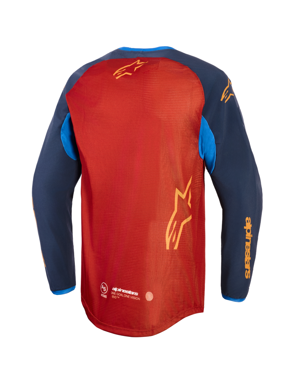 Alpinestars Maxdura Dual Jersey, Adventure Motorcycle Jersey, Rust Brown and Mood Indigo with Bright Blue accents, back view showing full mesh torso, dropped rear hem, and yellow Alpinestars branding on sleeves and back