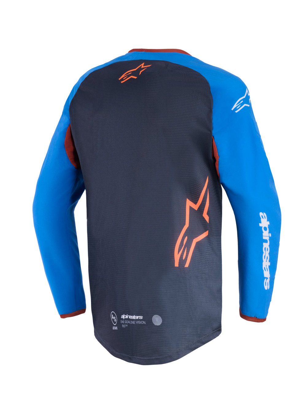 Alpinestars Maxdura Dual Jersey, Motorcycle Jersey, Deep Gray and Royal Blue, back view showing mesh torso panel and orange star logo, royal blue sleeves with white Alpinestars text, drop-tail hem for off-road performance
