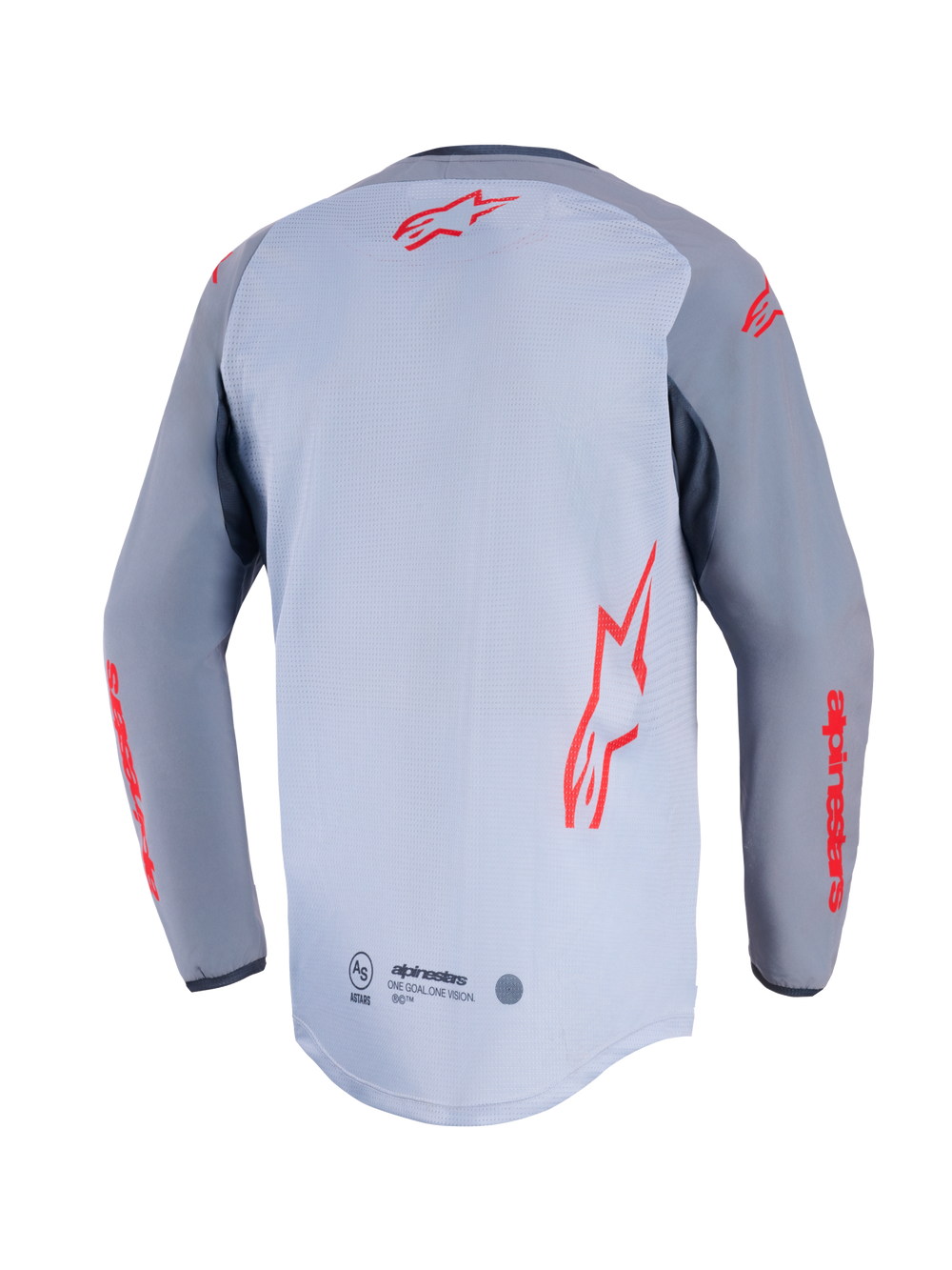 Alpinestars Maxdura Dual Jersey, Rear View, Mid Gray and Dark Gray, featuring red Alpinestars logos on the back and sleeves, mesh torso construction, and extended drop-tail hem.