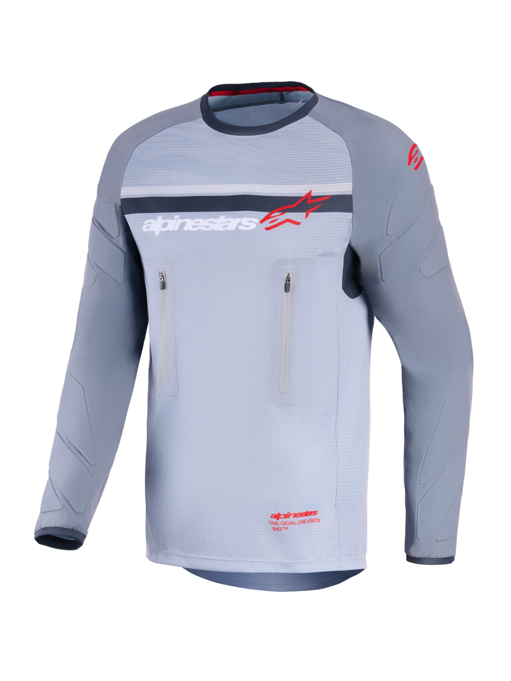 Alpinestars Maxdura Dual Jersey, Adventure Motorcycle Jersey, Mid Gray and Dark Gray, front view featuring vertical zippered chest pockets, abrasion-resistant sleeves with integrated padding, and Alpinestars branding in red and white, performance gear for off-road riding