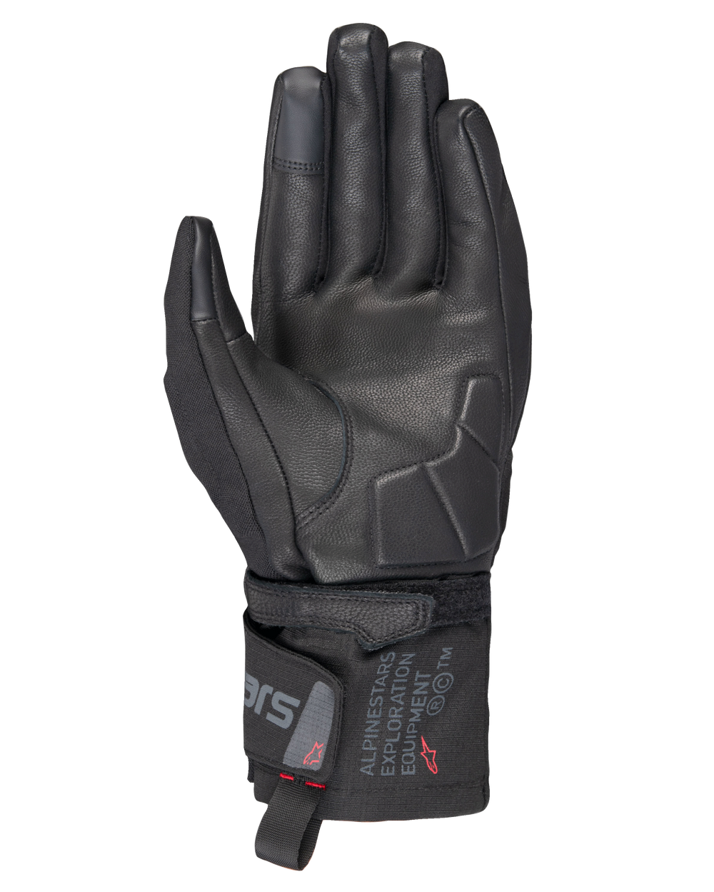 Alpinestars WT-3 Drystar® Insulated Gloves, Black motorcycle gloves, palm view showing leather reinforcement and padded palm, mid-length cuff with Alpinestars Exploration Equipment branding, touchscreen compatible fingertips, durable all-weather touring protection.