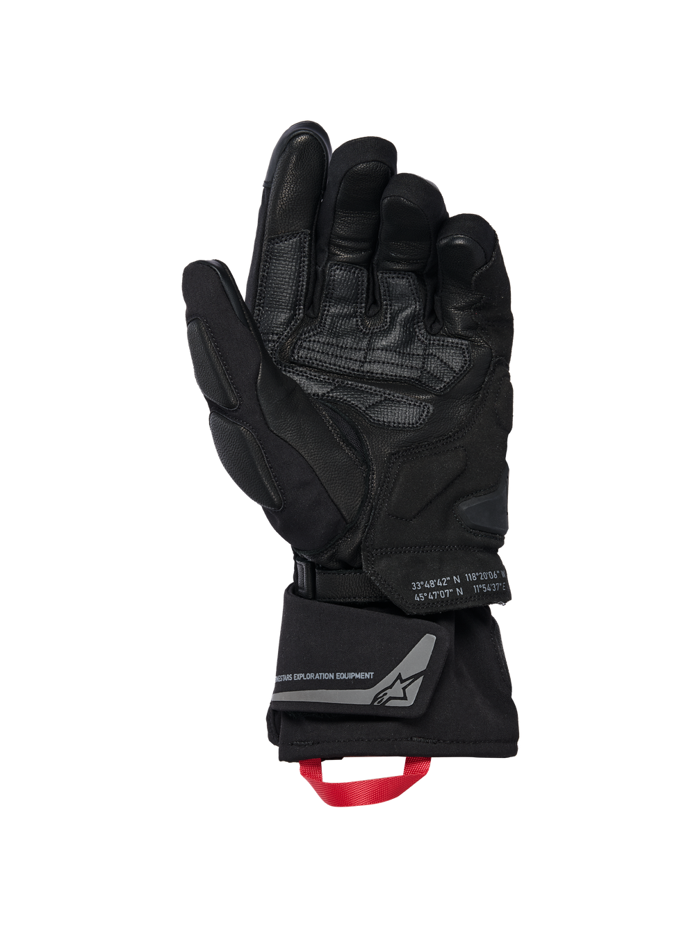 Alpinestars WT-8 GORE-TEX Insulated Gloves, Motorcycle Gloves, Black, inner palm view showing reinforced leather patches and padded sliders, long cuff with a red pull loop and Alpinestars Exploration Equipment branding with geographic coordinates, technical road and adventure design