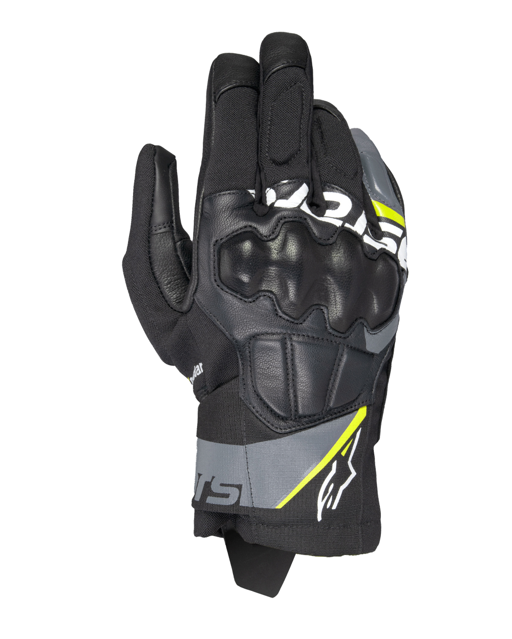 Alpinestars Corozal V3 Drystar® Gloves, Adventure Motorcycle Gloves, Black with Deep Gray and Yellow Fluo accents, leather and textile construction with molded knuckle protection, short cuff design, waterproof and breathable for all-weather riding