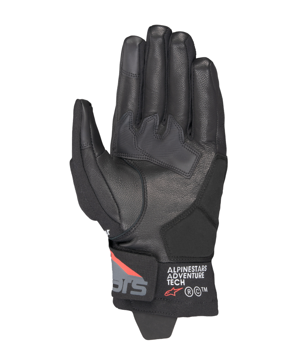 Alpinestars Corozal V3 Drystar® Gloves, Black Deep Gray Red Fluo, palm view featuring leather construction, synthetic palm reinforcements, and short cuff with Alpinestars Adventure Tech branding