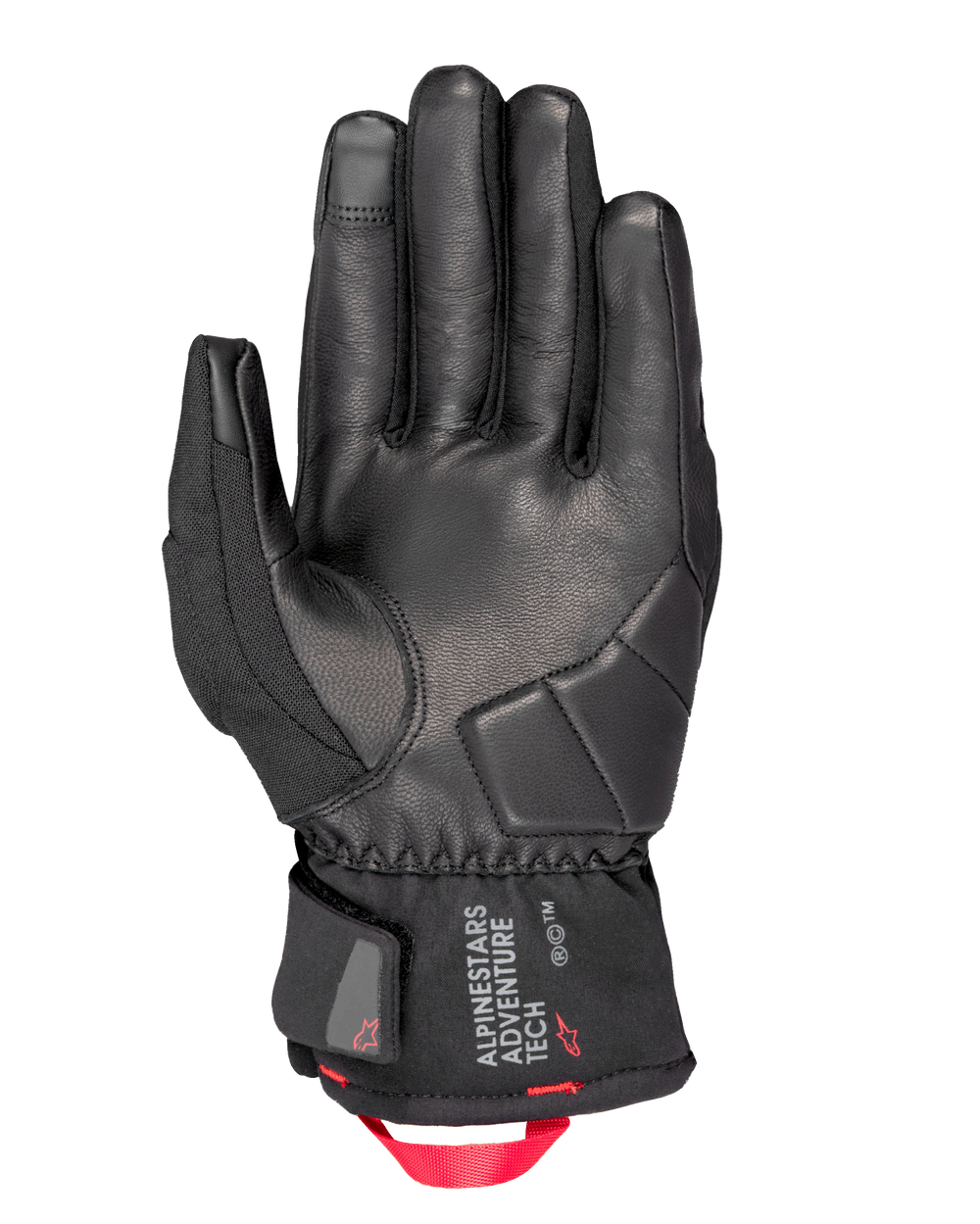 Alpinestars Crestone GORE-TEX Insulated Gloves, Motorcycle Gloves, Black, palm view featuring leather construction with reinforced impact padding, short cuff with Alpinestars Adventure Tech logo, and a bright red webbing pull loop
