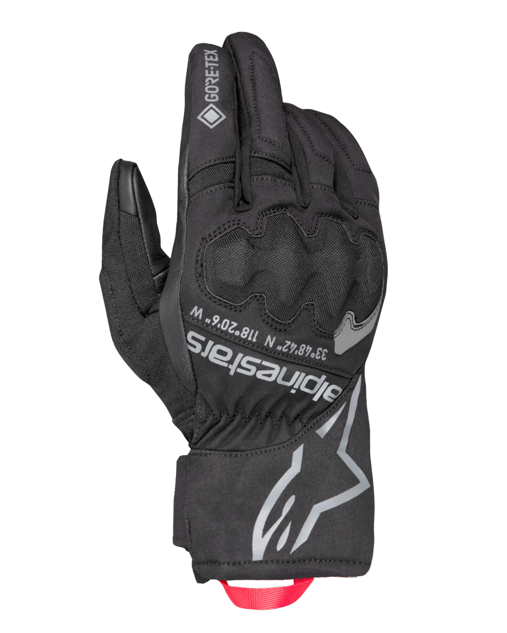 Alpinestars Crestone GORE-TEX Insulated Gloves, Black Motorcycle Touring Gloves, Waterproof and Breathable textile backhand, integrated knuckle protection, silver Alpinestars logo and coordinates, red webbing pull loop
